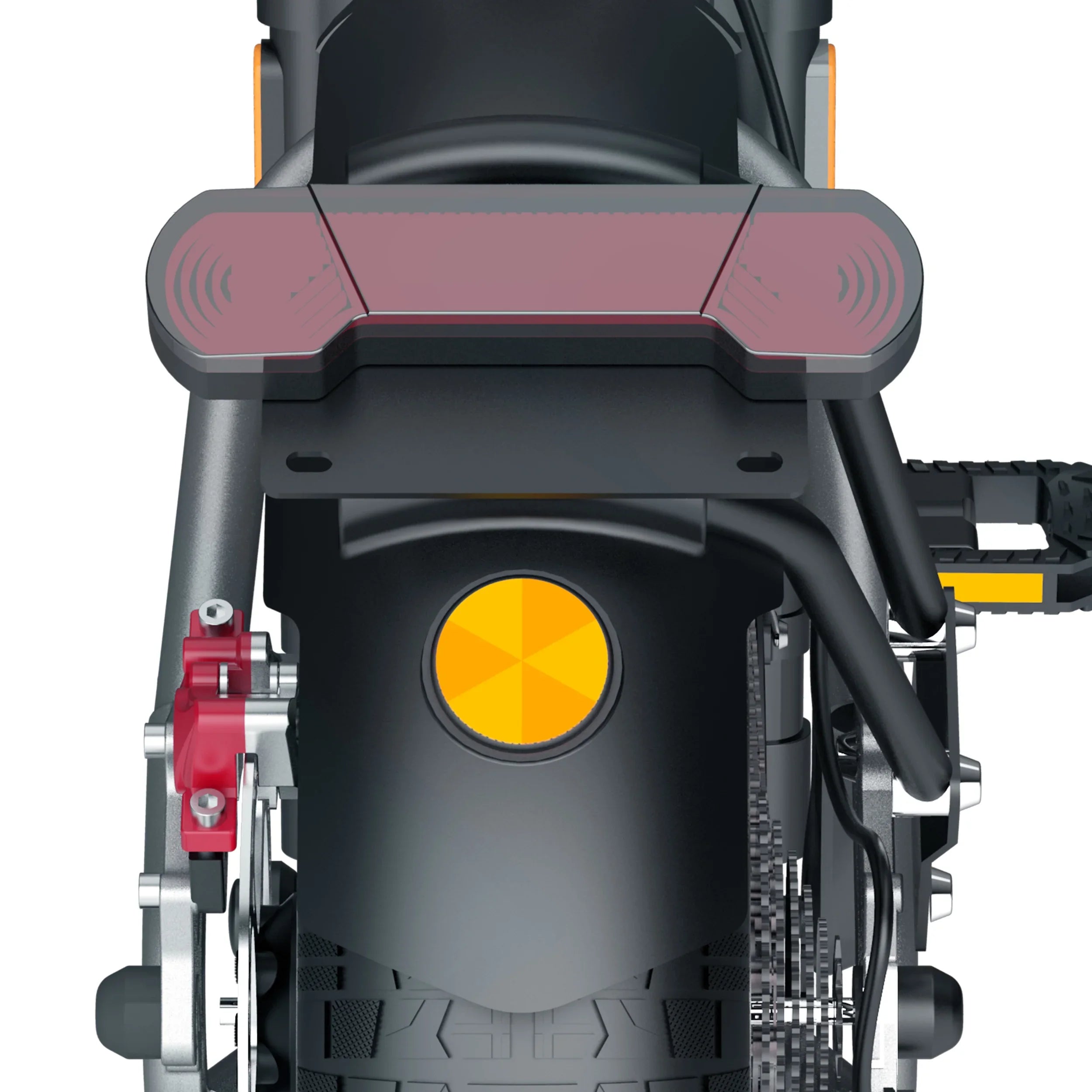 Close-up of a motorcycle's front suspension system with a yellow shock absorber on a white background.