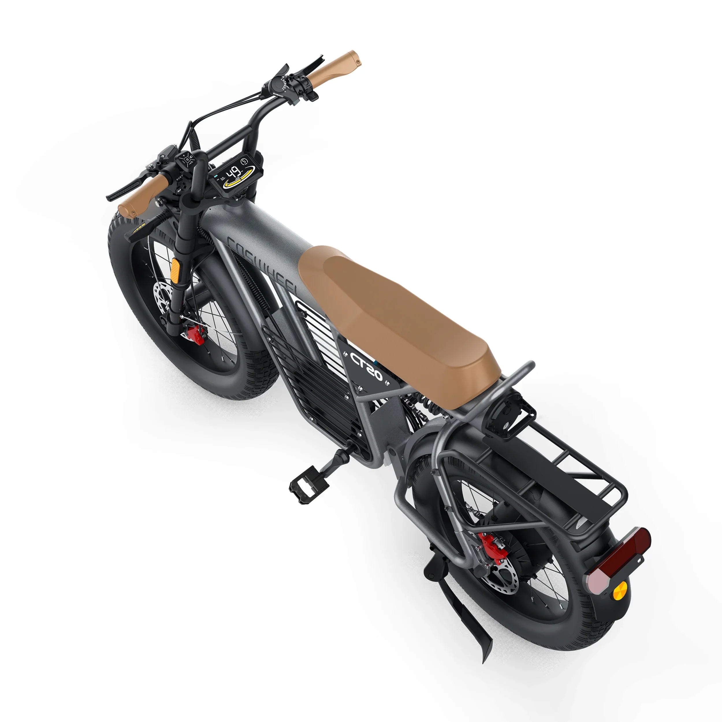 Black electric bike with a brown seat on a white background
