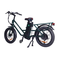 Green electric bike with a large battery pack on a white background