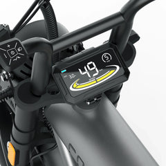 Close-up of a motorcycle handlebar with an electronic speedometer displaying '49' on a white background.
