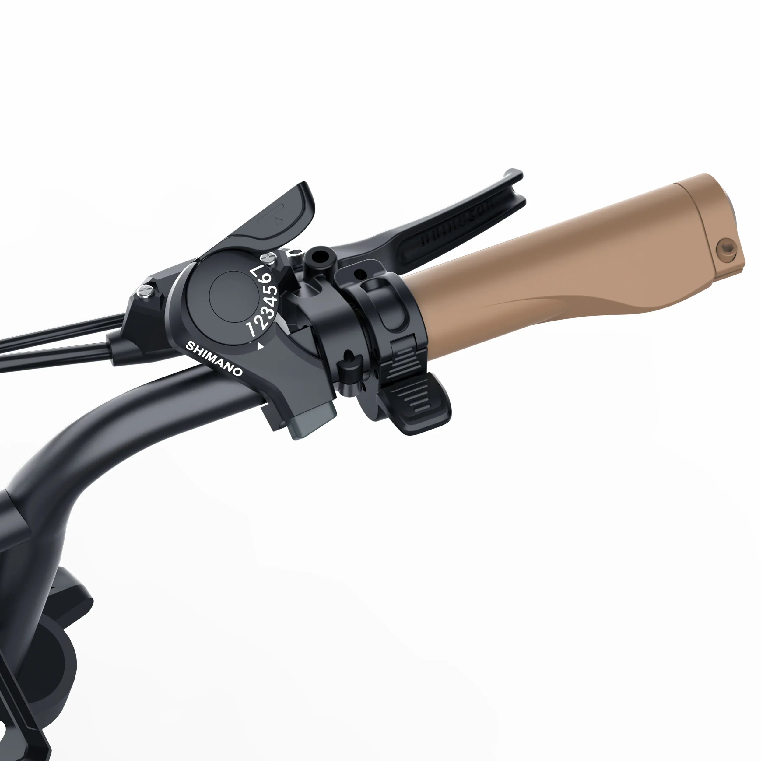 Bicycle handlebar with Shimano gear shifter on a white background