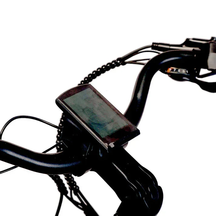 Phone mounted on a Cysum NOVA Step-Thru Electric Bike - UK handlebar with a white background