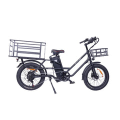 Black electric bike with cargo baskets on a white background