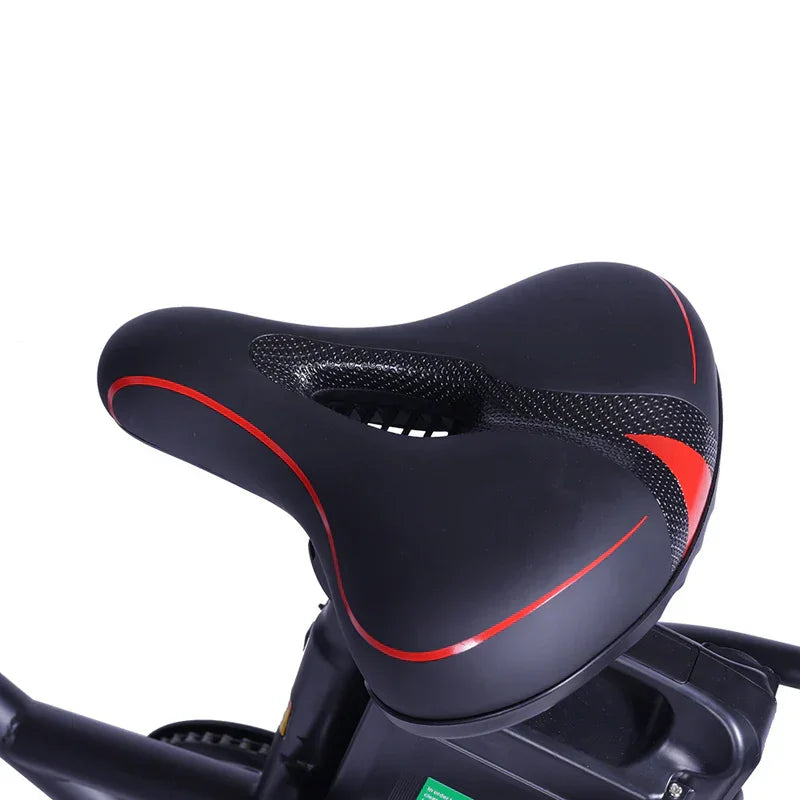 Black bicycle seat with red accents on a white background