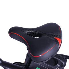 Black bicycle seat with red accents on a white background