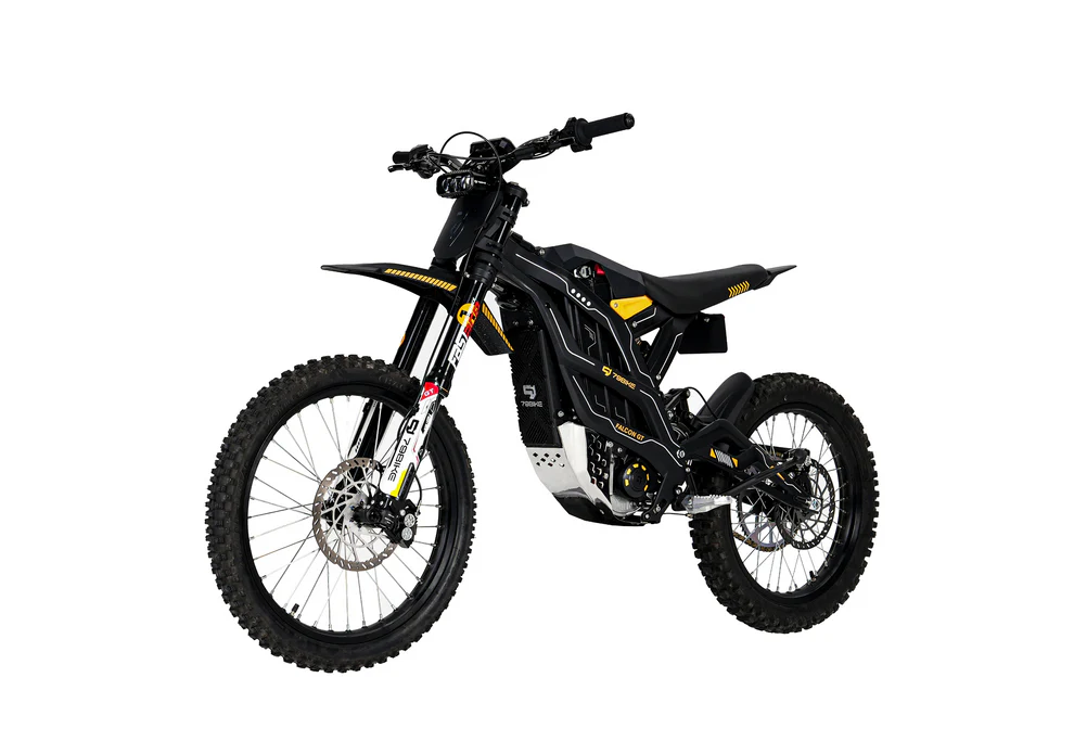 79BIKE Falcon GT off-road electric bike in black with yellow accents on a white background