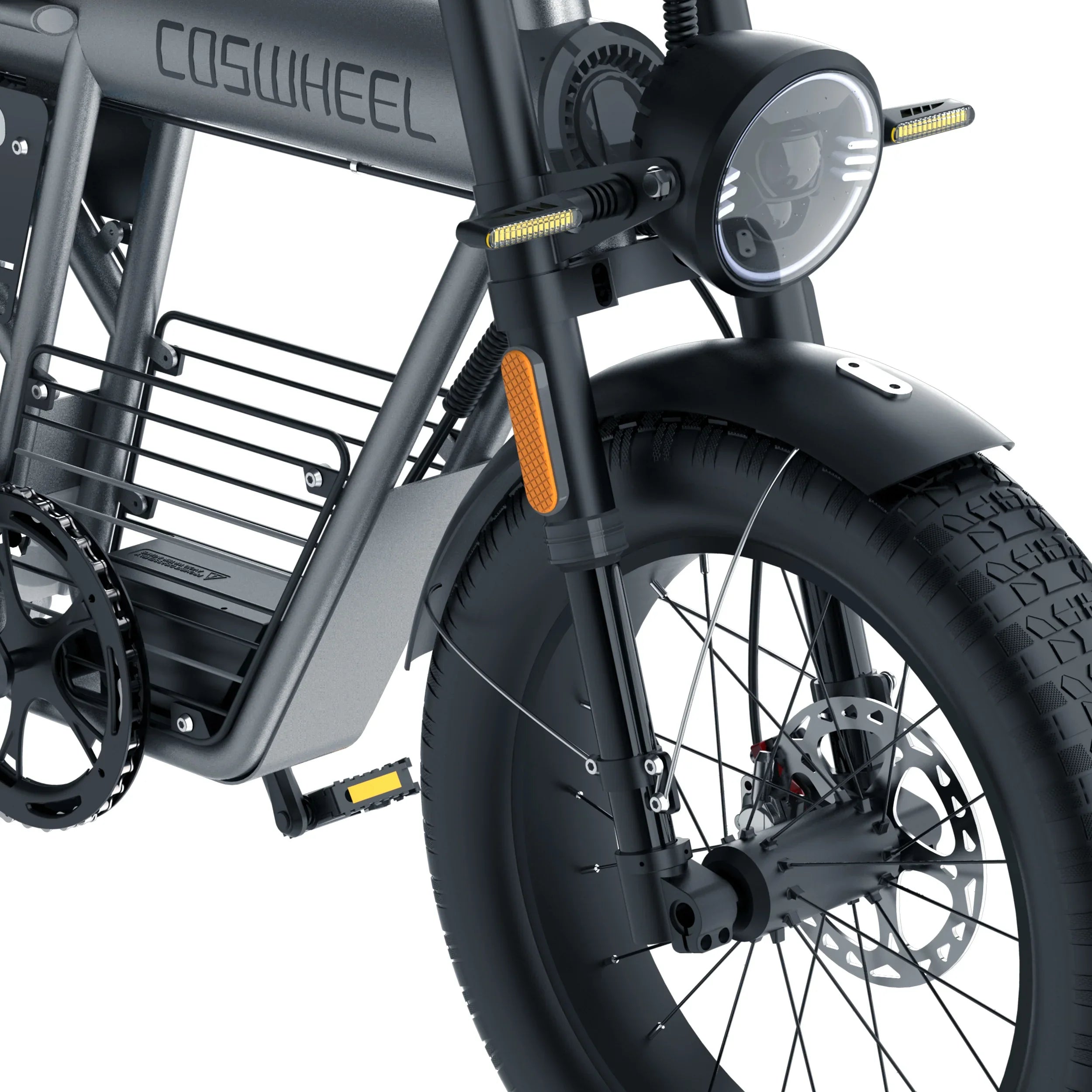Close-up of a Coswheel electric bike on a white background