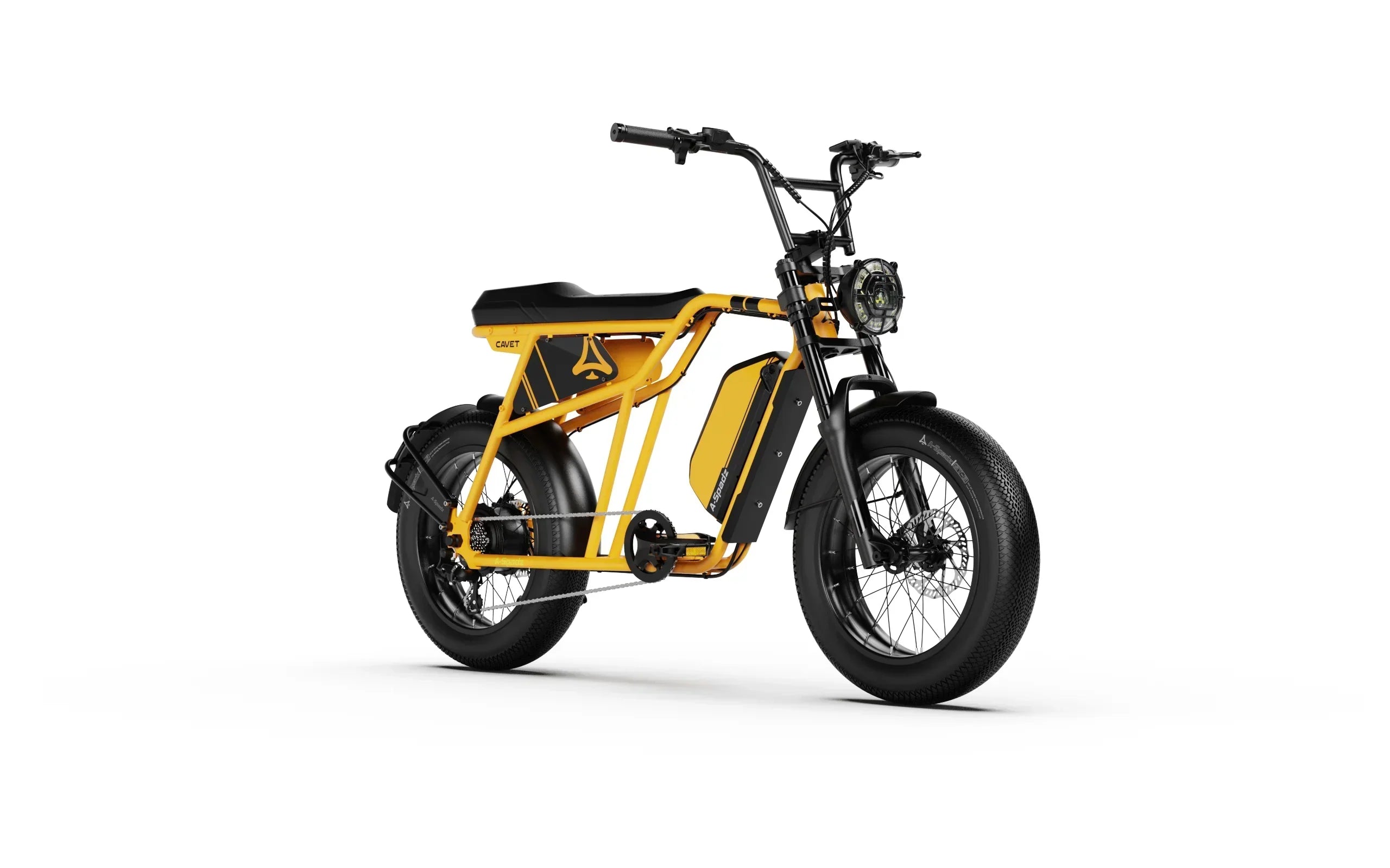 Side View of Yellow A-Spadz Cavet Air Electric Bike on a white background