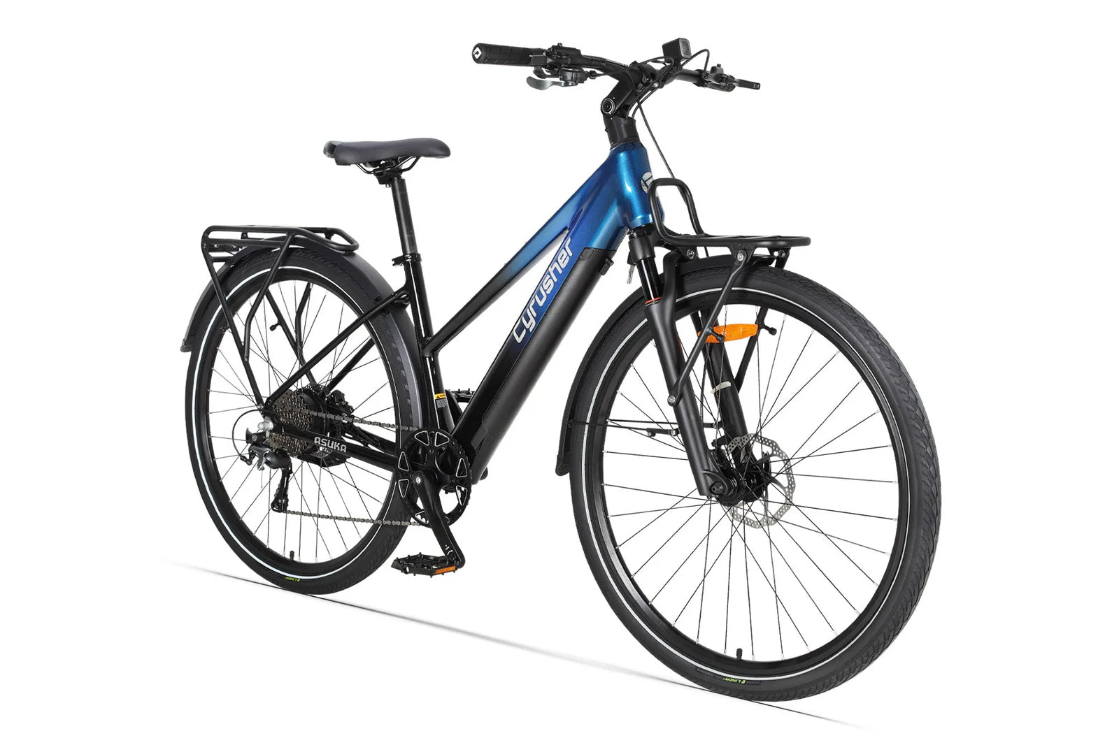 Cyrusher Asuka Trekking Electric bicycle with black frame and blue accents on a white background