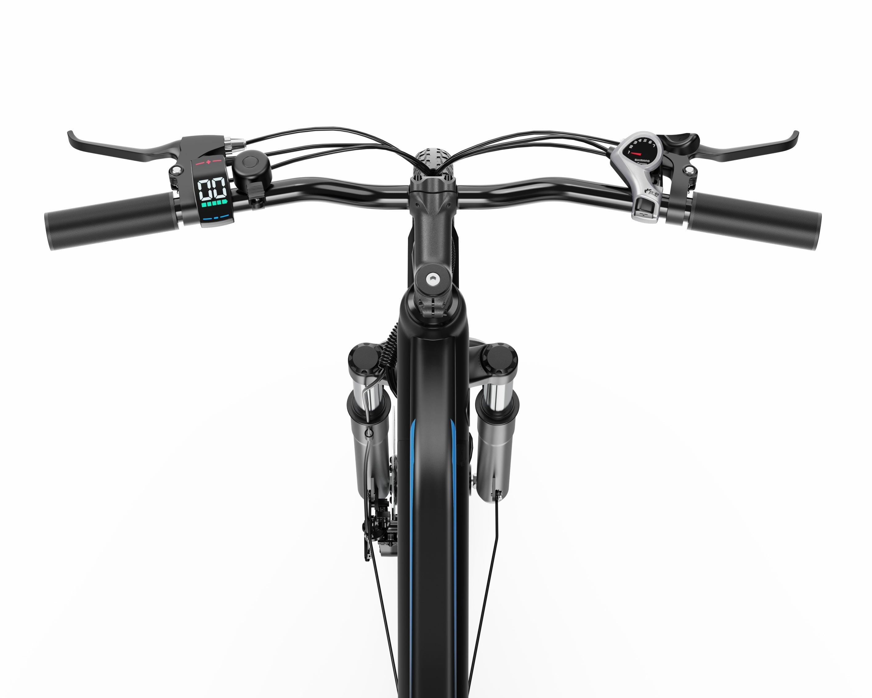 Close-up of bDUOTTS C29 Lite Electric Bike handlebars with digital display on a white background