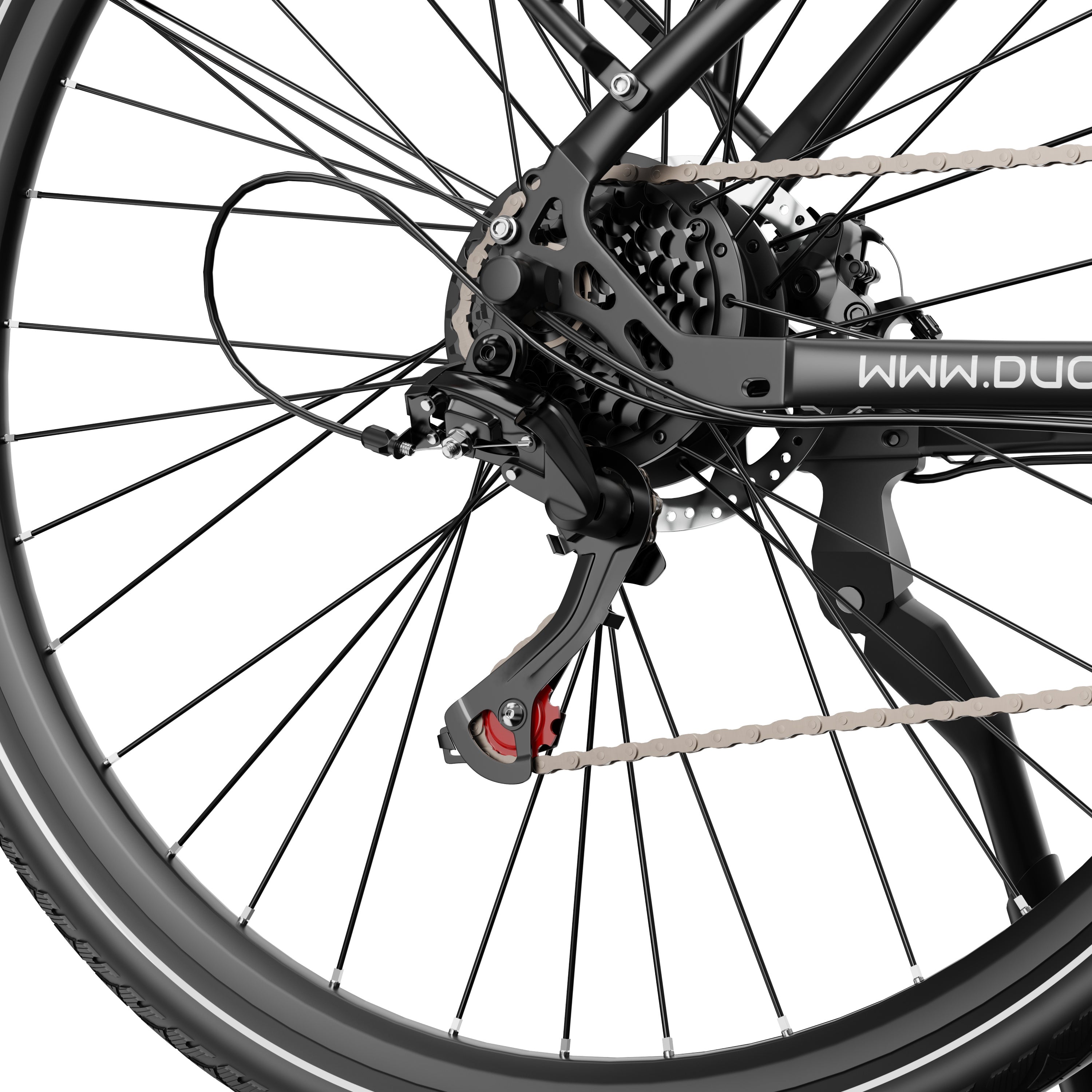 Close-up of a DUOTTS C29 Lite Electric Bike wheel with chain and gear system on a white background