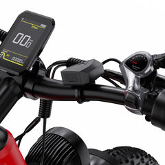 Close-up of a DUOTTS F26 Lite Bike handlebar with digital speedometer and control buttons on a white background