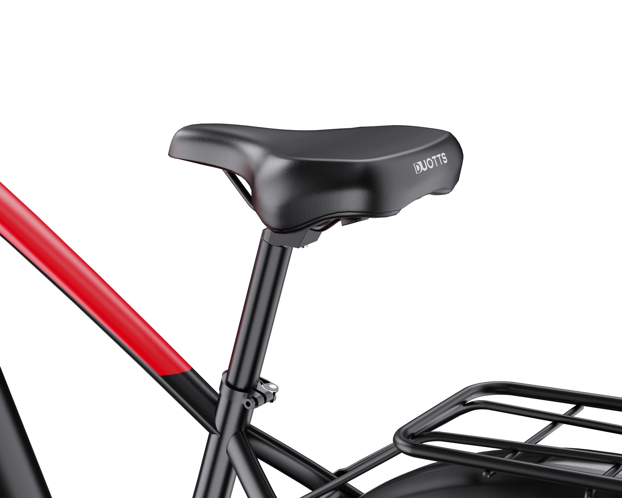 Black DUOTTS F26 Lite Electric Bike seat with a red frame on a white background