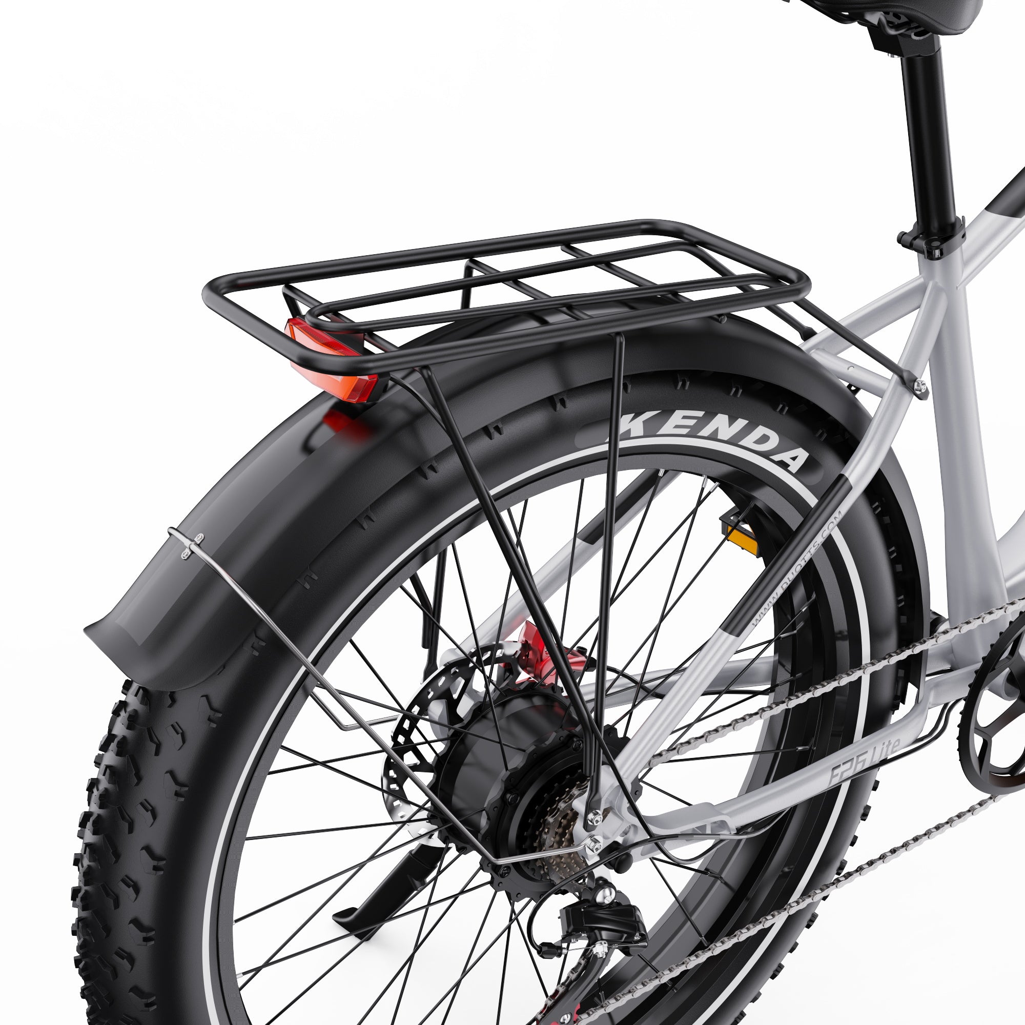 Close-up of a DUOTTS F26 Lite Electric cycle wheel with Kenda tire on a white background