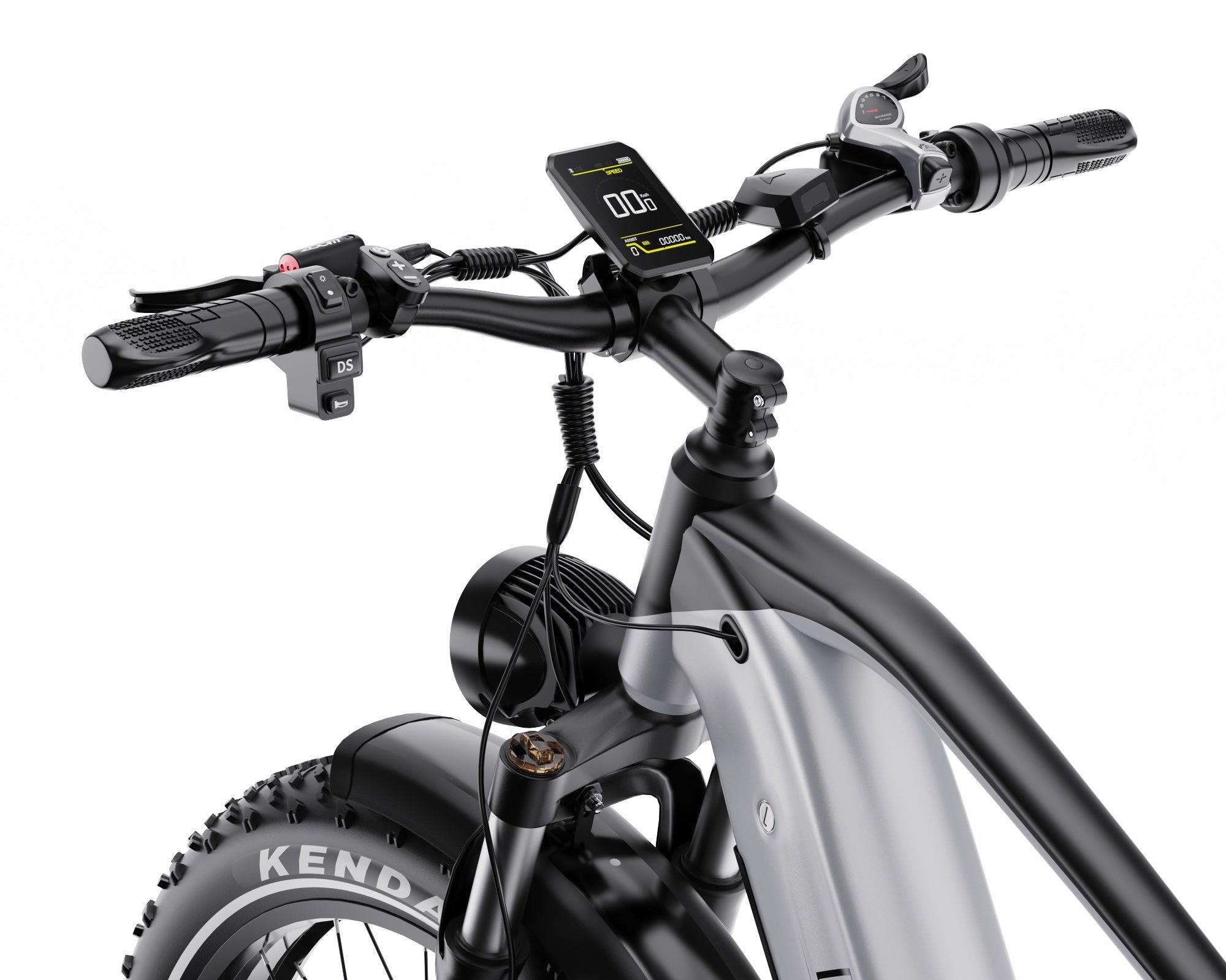 Close-up of an DUOTTS F26 Lite Electric Bike's handlebar with a digital display on a white background