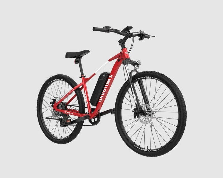 Red EMotorad T-Rex Air e bicycle with black components on a light gray background