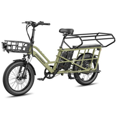 Green Fafrees electric bike with a basket and seat on a white background