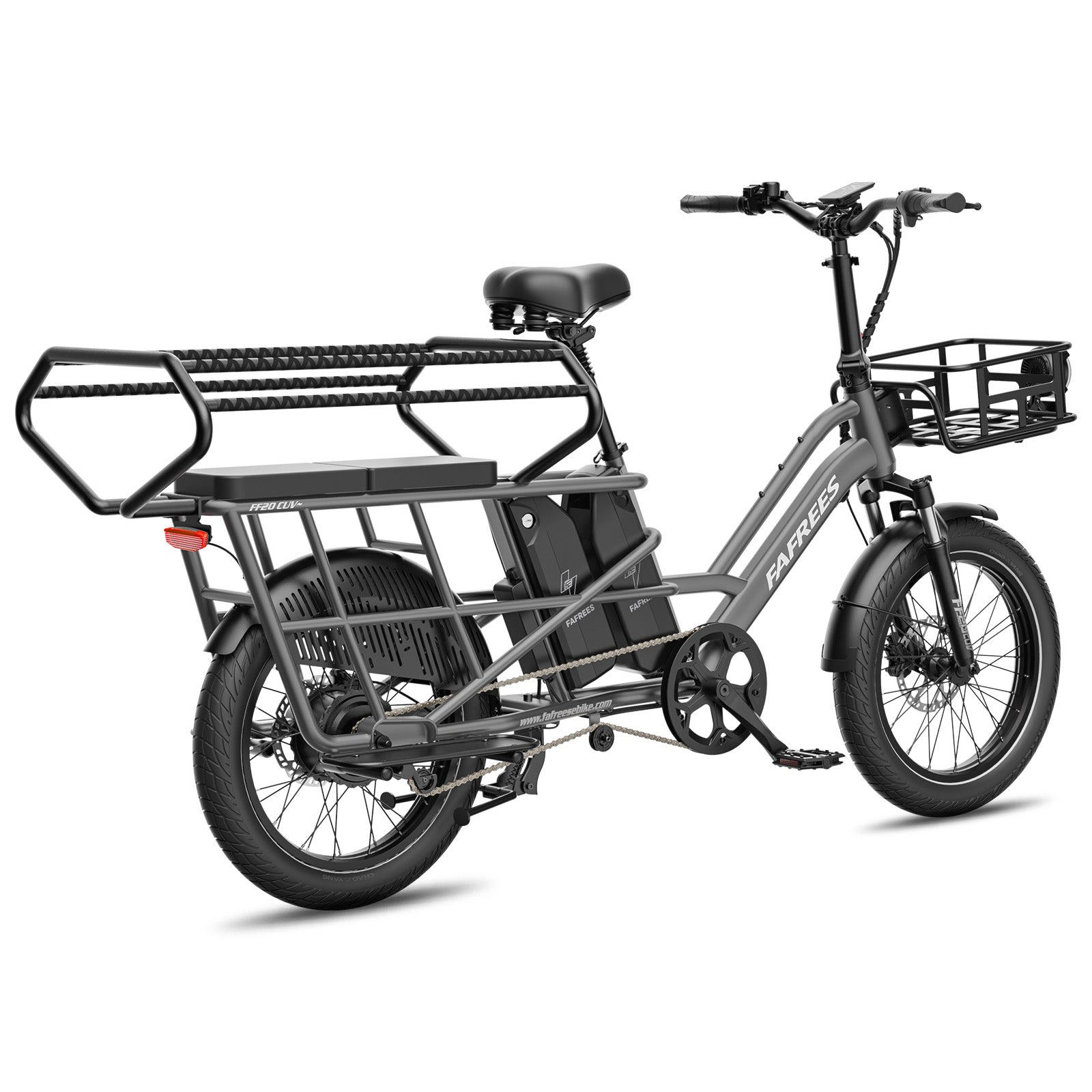 Fafrees FF20 CUV Modular longtail Cargo Bike in gray with a basket on a white background