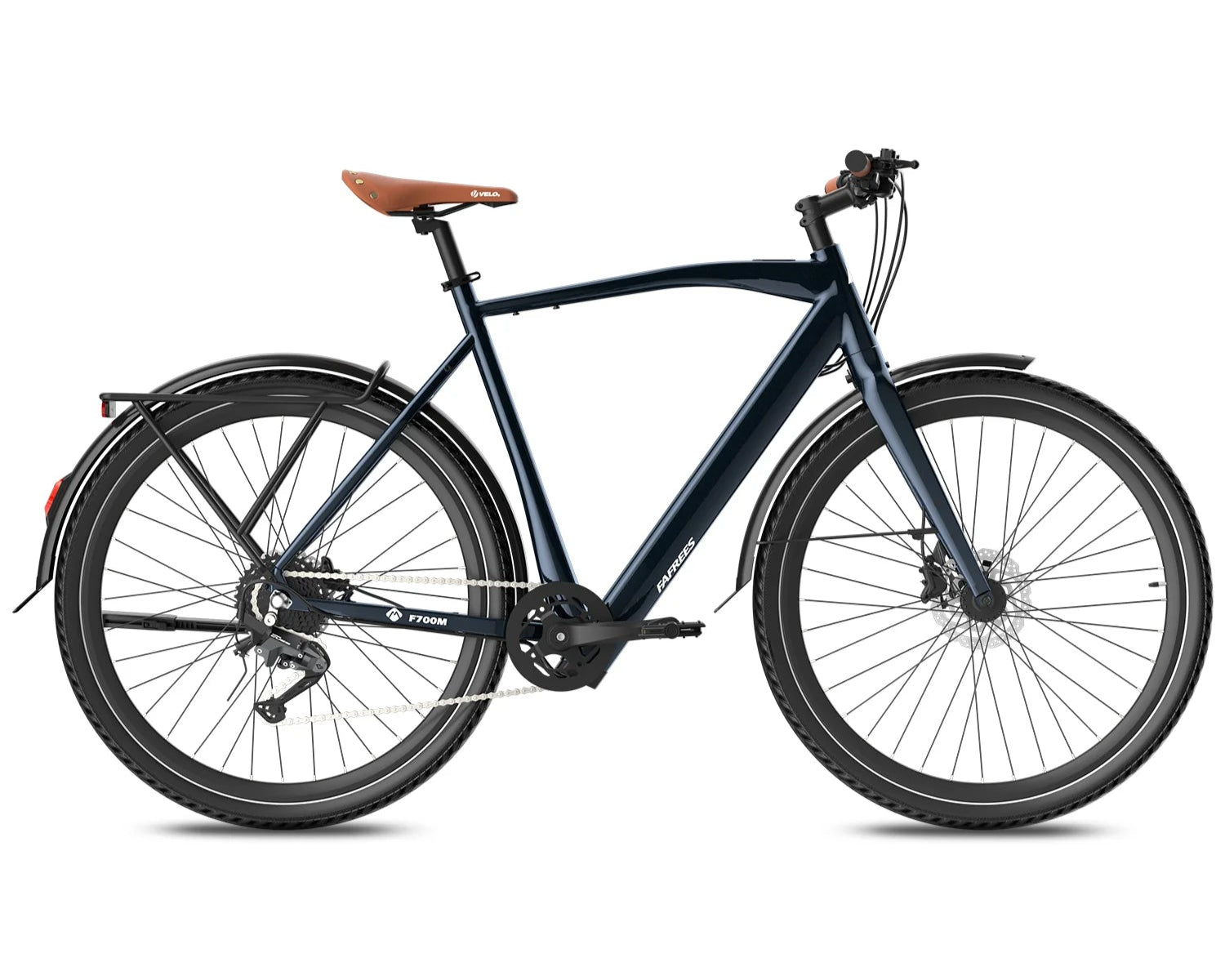 Black Fafrees F700M Electric Bike with brown seat on a white background