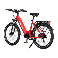 Red KOOLUX X2 Step-Thru Electric bicycle with black components on a white background - Pogo Cycles, Ireland