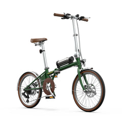 Green Onesport OT02 Pro Electric folding bicycle with brown seat and handlebar grips on a white background