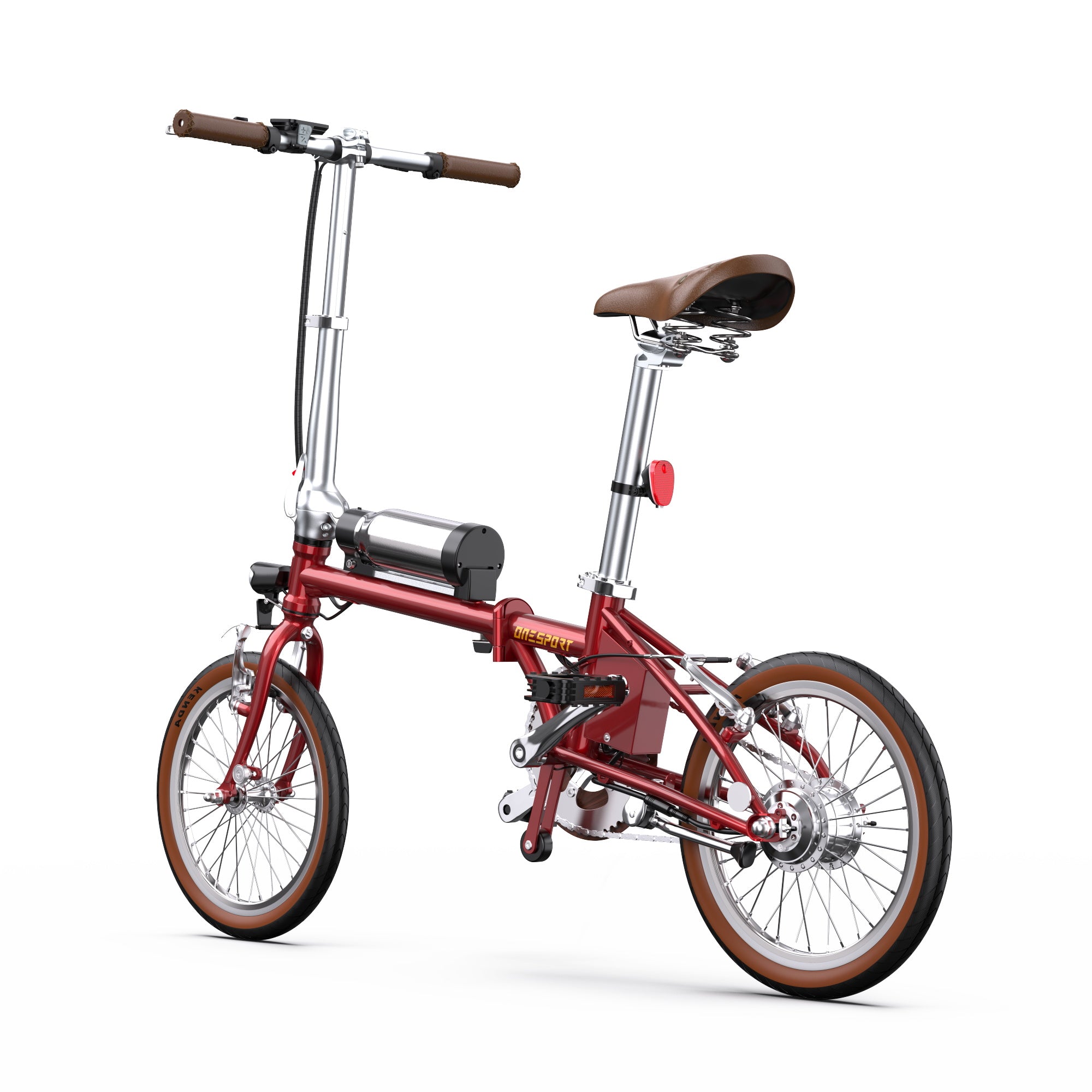 Red folding bicycle on a white background