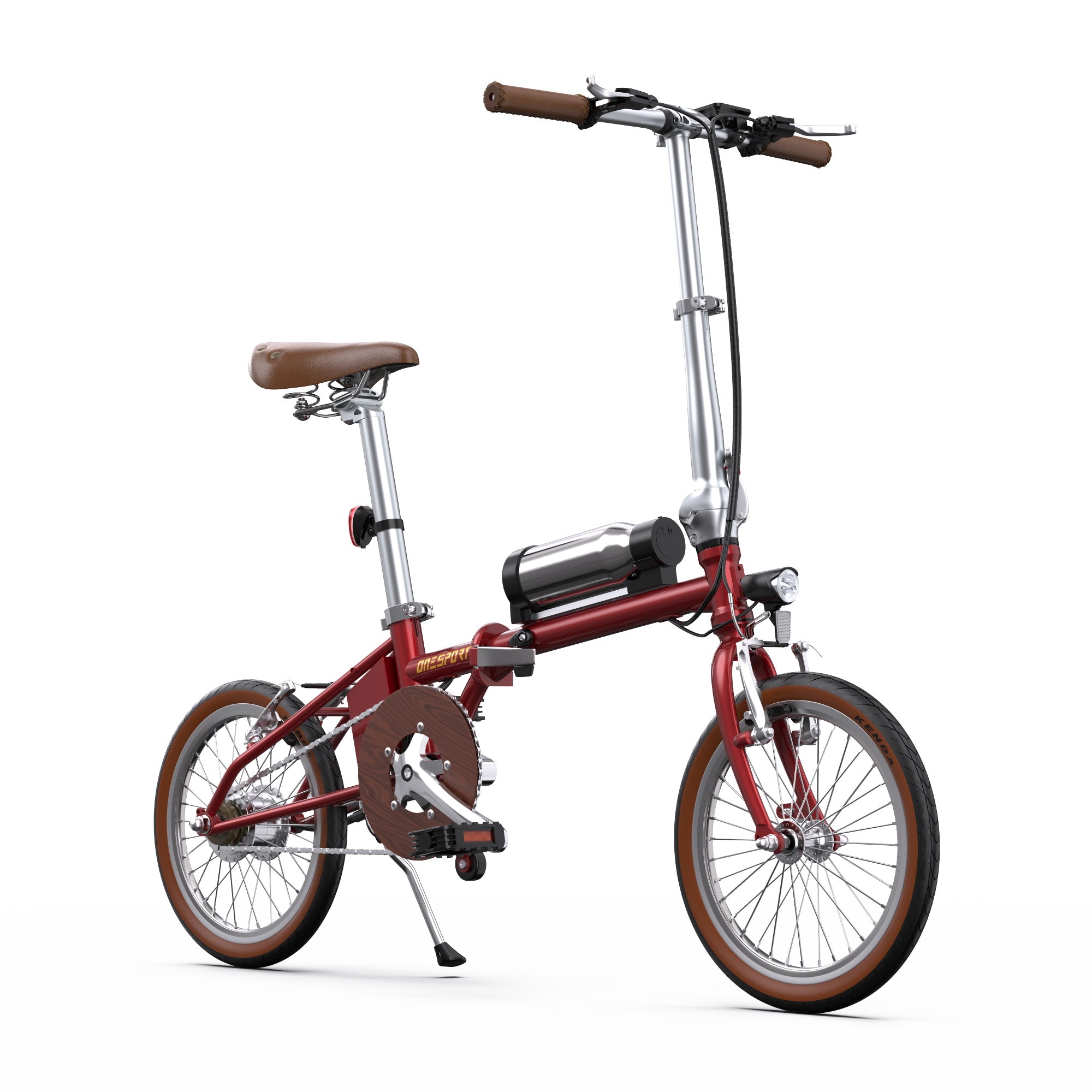 Red OneSport OT02 Compact Folding Electric Bike with brown seat and handlebar on a white background