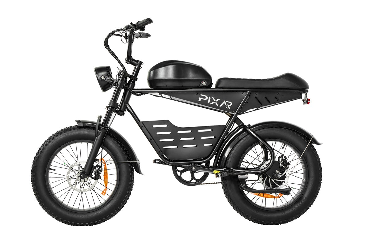 Black electric bike with 'PIXAR' branding on a white background