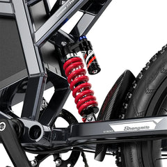 Close-up of a bicycle suspension fork with red coil spring on a white background