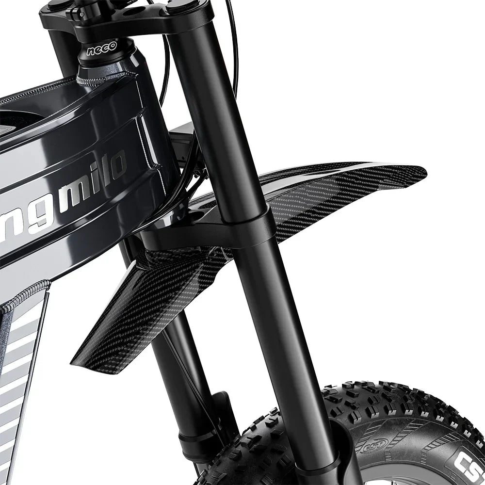 Close-up of a bicycle's front suspension fork with 'Canying Milo' branding on a white background.