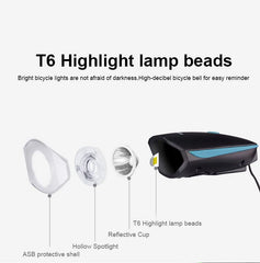 Sort cykellygte USB LED vandtæt med horn mountainbike mørk nat udendørs ridning forlygte