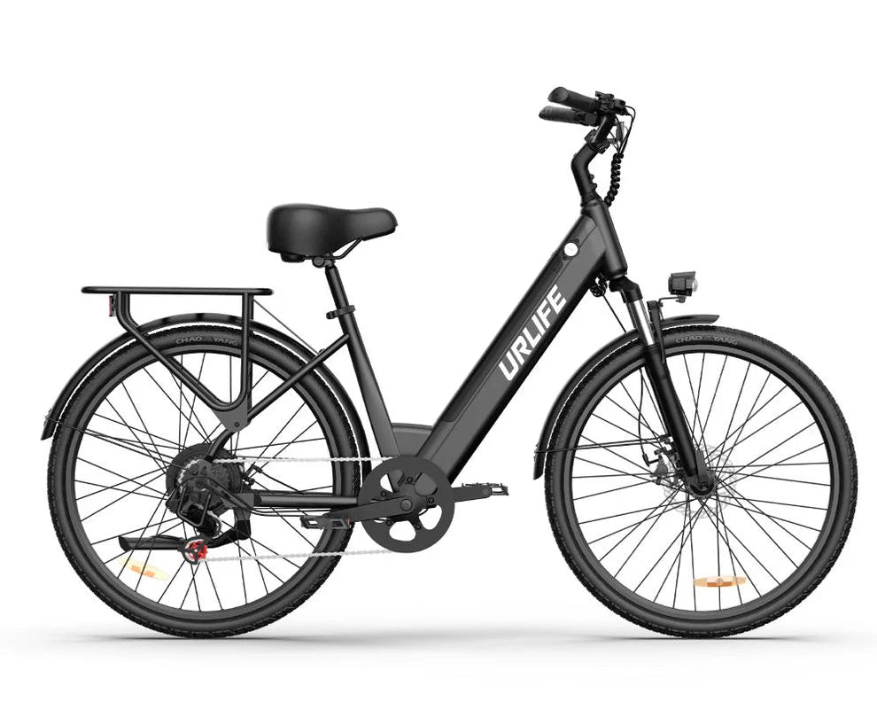 Black URLIFE E26 Step-Through Electric Bike with URLIFE branding on a white background