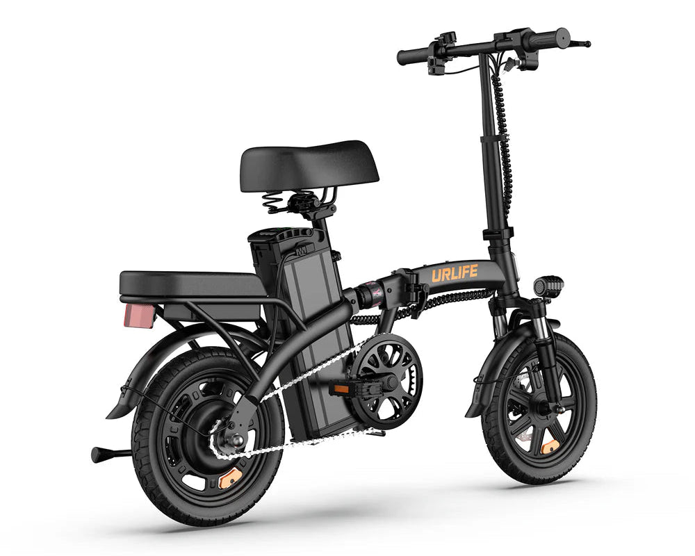 Black URLIFE F1L Compact Folding Electric Bike with seat on a white background