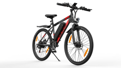 Black VARUN M27-1 Electric bicycle with red accents, battery on a white background