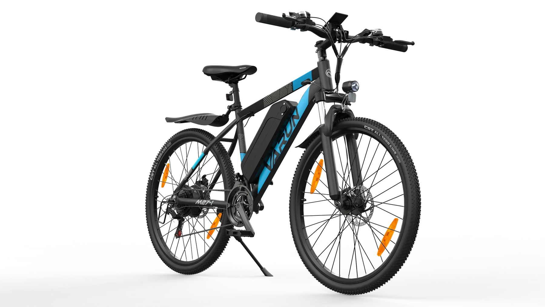 Close-up view of Black VARUN M27-1 Electric bicycle with blue accents on a white background