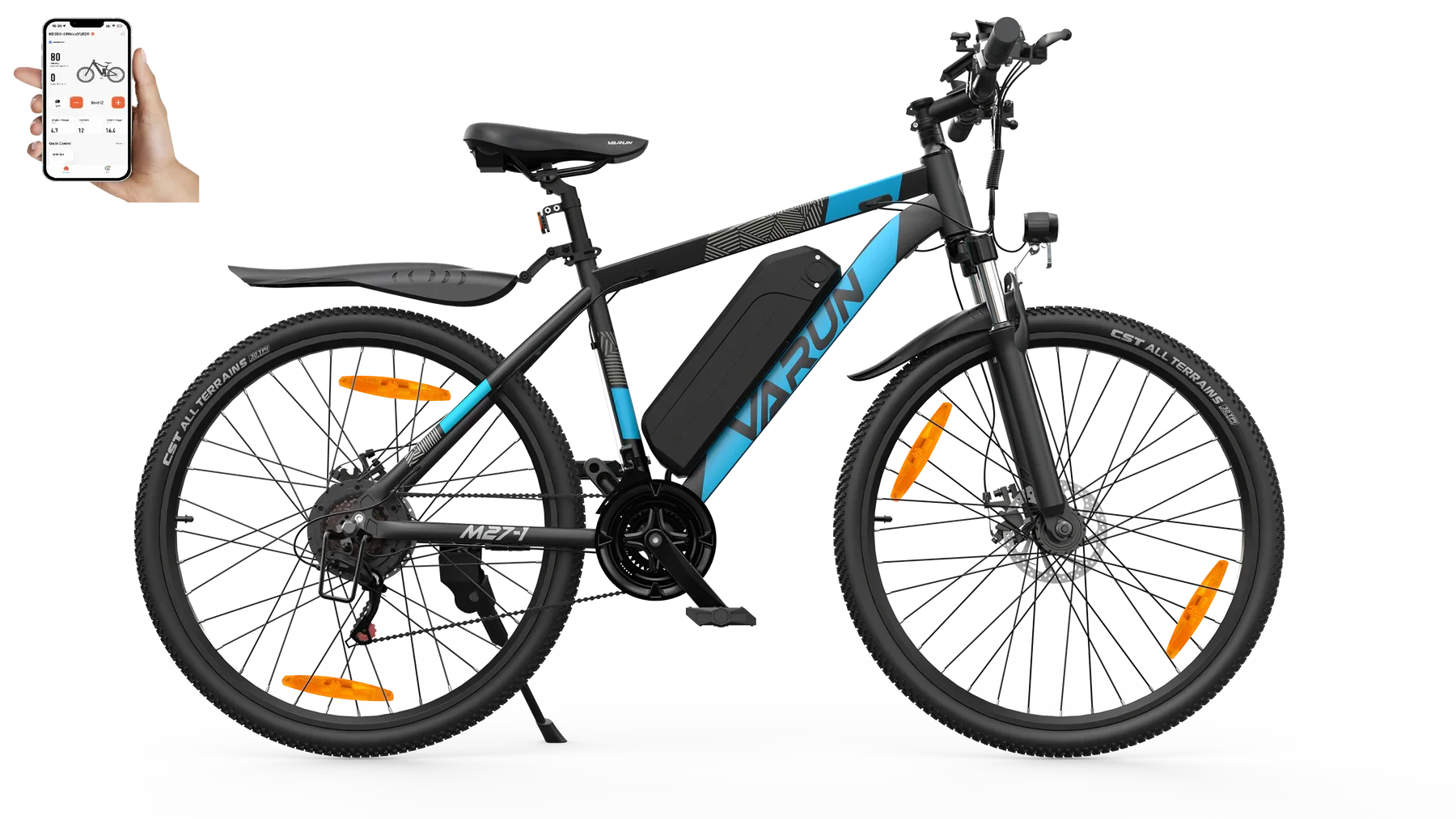 VARUN M27-1 Electric bicycle with blue accents on a white background