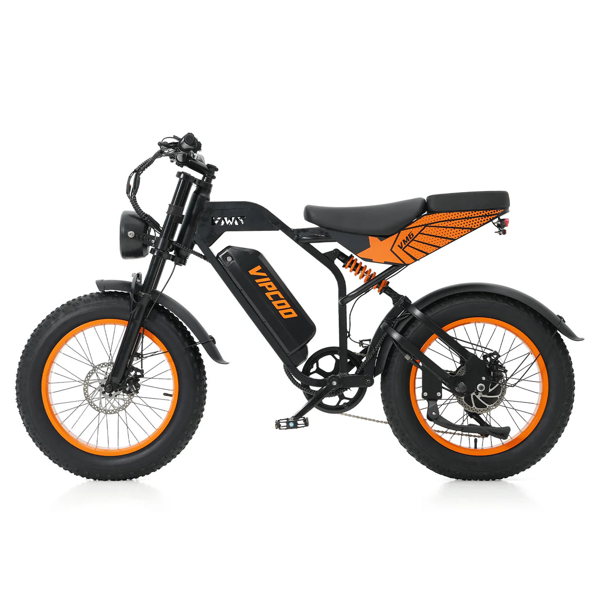 Black and orange VIPCOO VM6 Electric City Bike on a white background