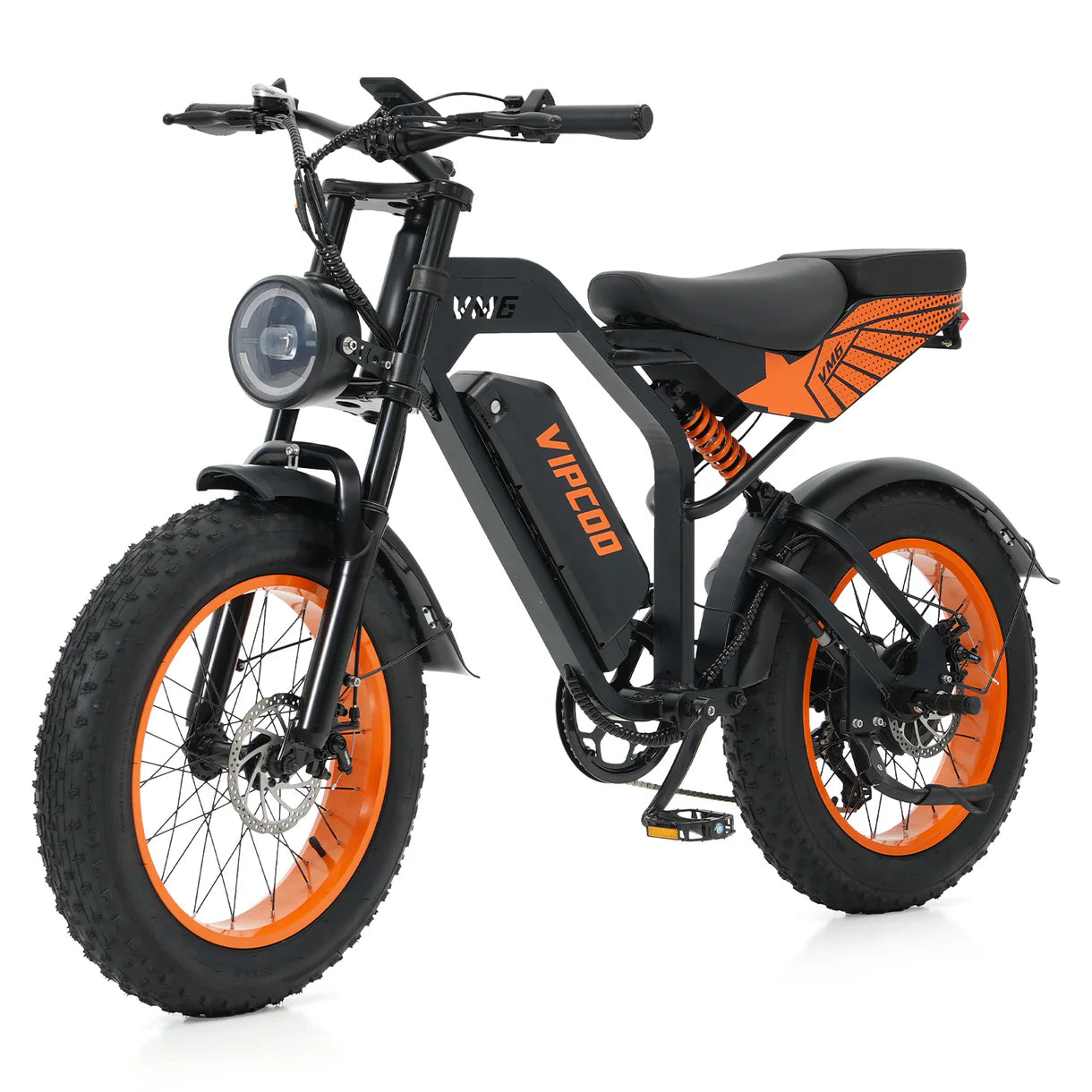 Black and orange VIPCOO VM6 Electric City Bike with visible brand name on a white background