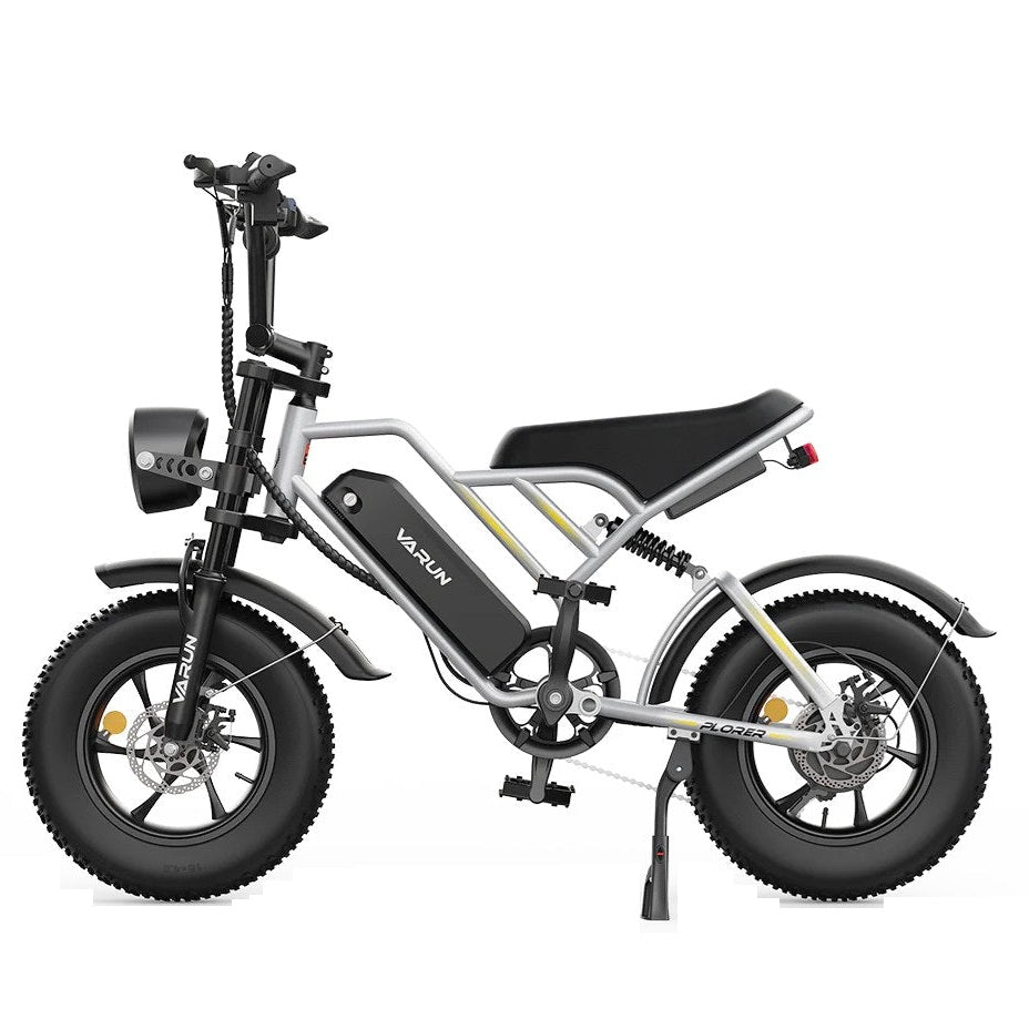 Silver Varun PLORER All-Terrain Electric Bike with black seat on a white background