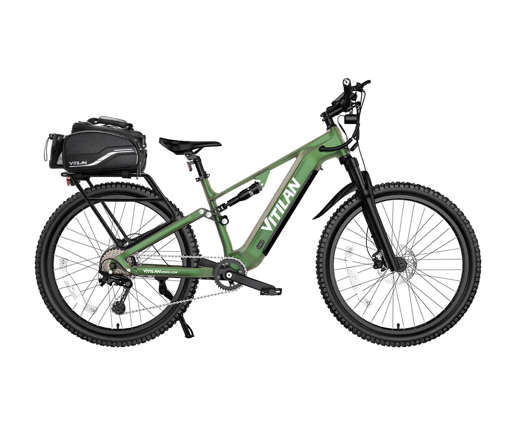 Vitilan M5 electric bike in green with a black seat and rear storage compartment on a white background