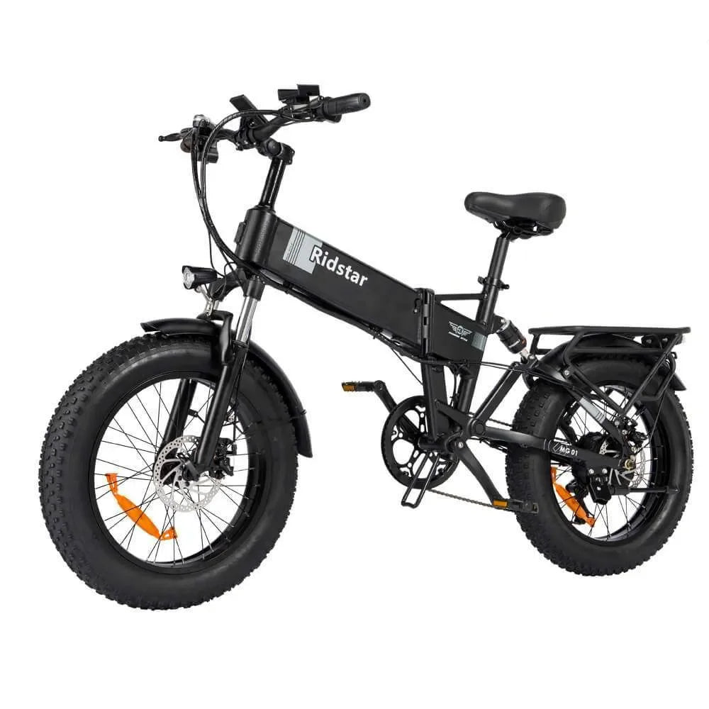 Black electric bike with 'Ridstar' branding on a white background