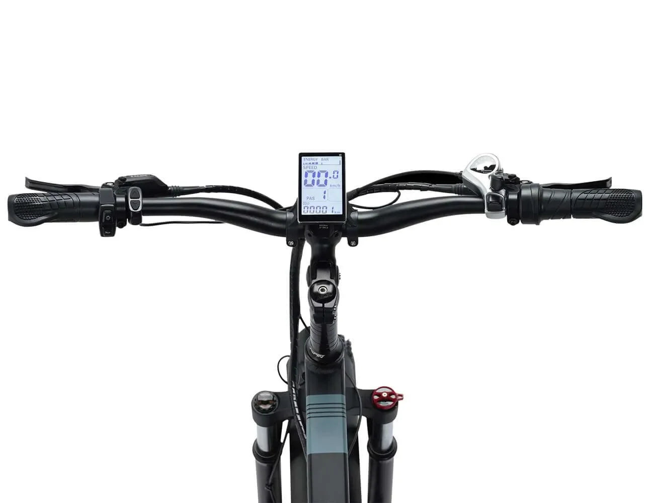 Close-up of bicycle handlebars with a digital display on a white background