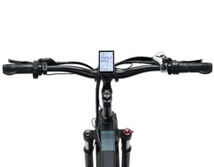 Close-up of bicycle handlebars with a digital display on a white background