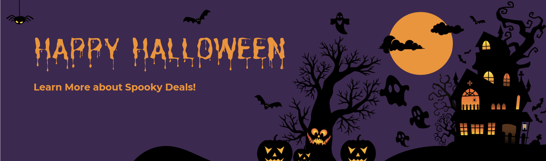 Halloween-themed banner with spooky house, pumpkins, bats, ghosts, and full moon
