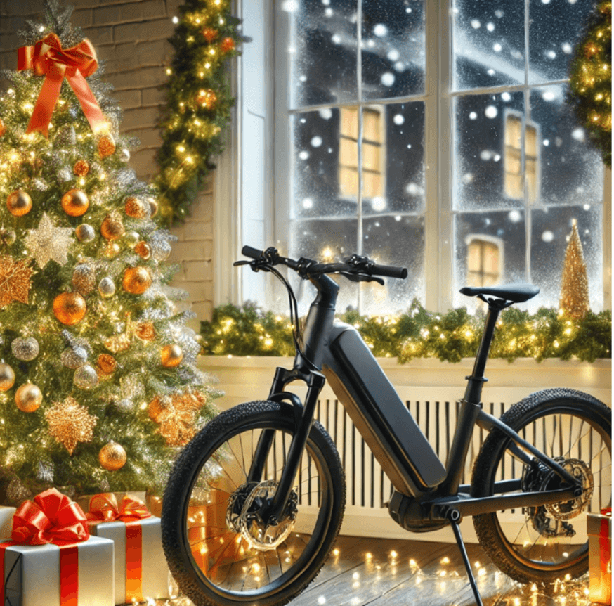 Black electric bike side view indoors beside decorated Christmas tree and snow outside