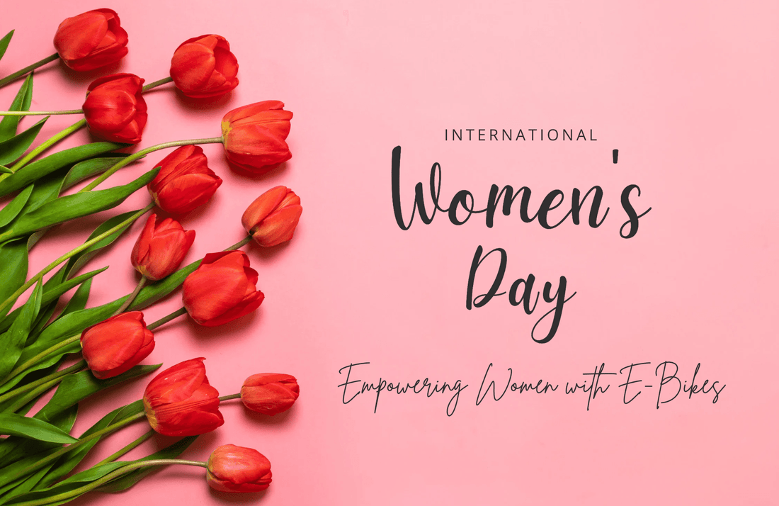 Red tulips on pink background with 'International Women's Day Empowering Women with E-Bikes' text