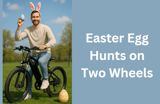 Man with bunny ears on electric bike holding Easter egg, text reads 'Easter Egg Hunts on Two Wheels'