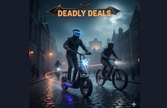 Riders in futuristic helmets on electric bikes and e-scooters at night, 'Deadly Deals' promo, Pogo Cycles
