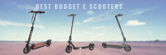 Three budget electric scooters on display outdoors with 'Best Budget E Scooters' text, Pogo Cycles