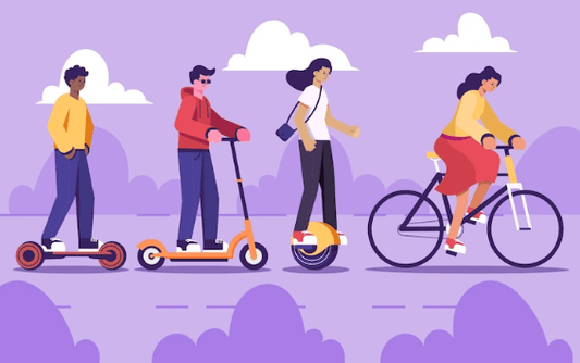 People riding electric scooter, electric unicycle, and electric bike on a city street illustration